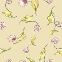 , seamless, floral pattern of pink tulip on bright yellow background. Hand drawn flower with leaves. Perfect for summer projects. vector