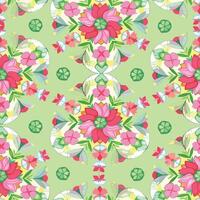 , seamless pattern of floral colorful mandalas on green background. Folk style. For summer women dresses, dining, home decor, wrapping paper. vector