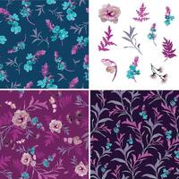 set of three pattern and their isolated wild flower elements vector