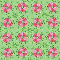 , seamless geometric pattern of mandala composition dark pink tulip and green leaves on green background. Folk style. For summer women dresses, dining, home decor, wrapping paper. vector