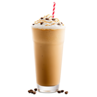 A glass of coffee with a straw in it. The coffee is topped with whipped cream and has a sprinkle of chocolate on top png