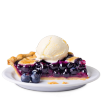 A delicious looking slice of blueberry pie with a scoop of melting vanilla ice cream on top png