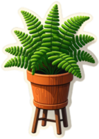 A sticker of A fern grows in a terracotta pot with a wooden stand. png