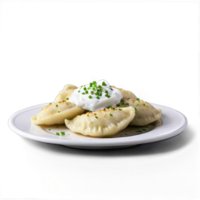 un plato de pierogis coronado con picado cebollín y un caer de agrio crema en el lado png