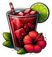 A sticker of An appetizing red hibiscus tea in a glass with a hibiscus flower and lime wedge garnish png