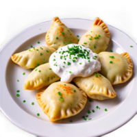 un plato de pierogis coronado con picado cebollín y un caer de agrio crema en el lado png