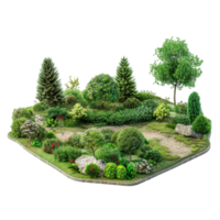 3d model of a garden with trees and rocks png