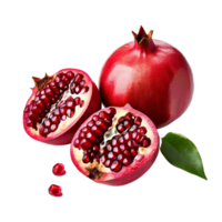 Juicy pomegranate and its half with leaves png