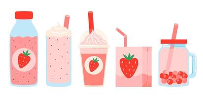 fresa bebida colocar. verano refrescante bebidas, jugo, batido, café, burbuja té con el gusto de fresas fresa justo. plano ilustración aislado en blanco antecedentes vector