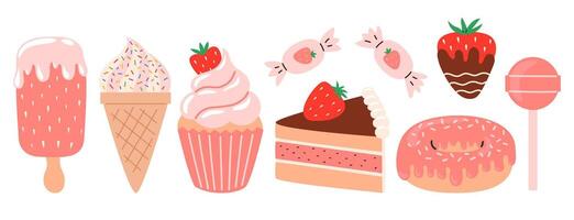 Strawberry food set. Summer sweets and desserts with the taste of strawberries. Strawberry Fair. Flat illustration isolated on white background vector