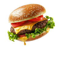 A hamburger with cheese and lettuce on it on transparent background. png