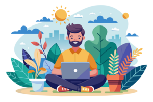 Freelancer man flat illustration or remote working png