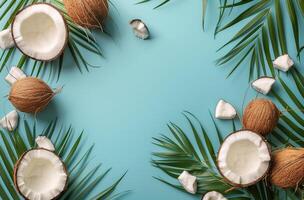Coconuts and Leaves on Blue Background photo