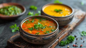Fresh Tomato Soup With Parsley and Peppercorns on Wooden Table photo