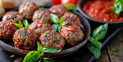 Close Up of Delicious Meatballs With Tomato Sauce and Basil Garnish photo