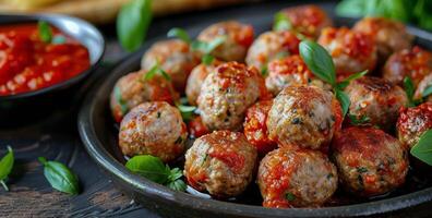 Close Up of Delicious Meatballs With Tomato Sauce and Basil Garnish photo