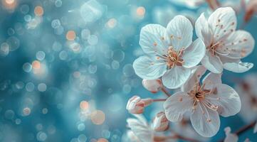 White Blossoms on a Branch Against a Blue Sky With Bokeh photo