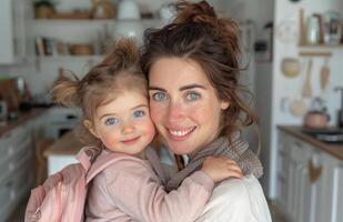 Young Mother Holding Toddler Daughter in Kitchen photo