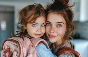 Young Mother Holding Toddler Daughter in Kitchen photo