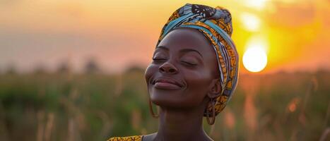 Woman in Yellow Headscarf Gazing at Sunset photo