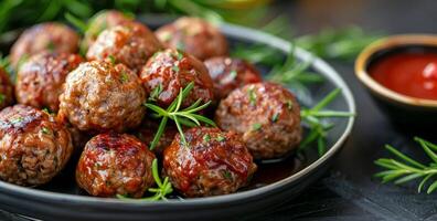 Close Up of Delicious Meatballs With Tomato Sauce and Basil Garnish photo