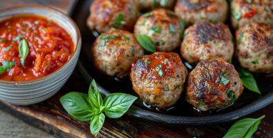 Close Up of Delicious Meatballs With Tomato Sauce and Basil Garnish photo