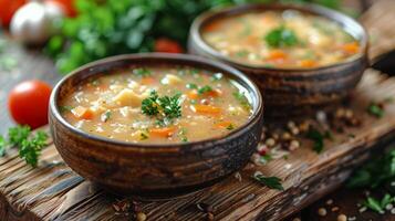 Fresh Tomato Soup With Parsley and Peppercorns on Wooden Table photo