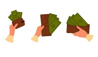 Collection of illustrations with hands holding leather wallet full of paper green dollar money. Save money concept vector