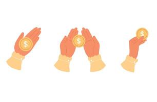 Set of illustrations with hand with gold coin. Cash currency concept. Donate vector