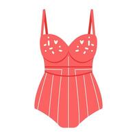 Red striped bathing suit for woman with hearts and stripes. Beachwear bright color vector