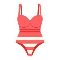 Beachwear bathing suit. Fashion casual red swimsuit for woman with stripes vector