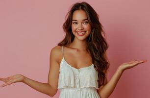 Woman in White Dress Making Peace Sign photo