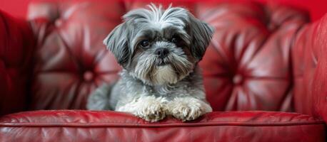 Small Gray and White Dog Sitting on Top of Red Couch photo