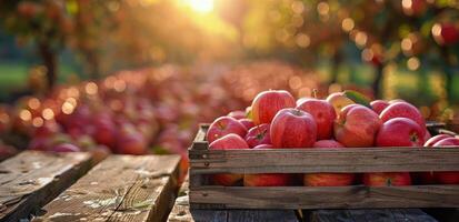 de madera caja lleno con rojo manzanas foto