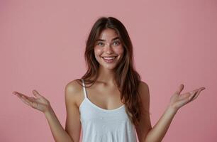 Woman in White Dress Making Peace Sign photo