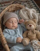 Baby Sleeping in Basket With Bear photo