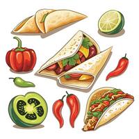 llustration of a taco collection. Features lime, and spicy chili peppers. vector