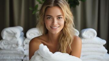 Woman Sitting in Front of a Pile of White Towels photo