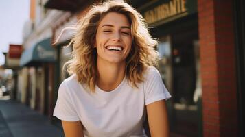 Smiling Woman Sitting on Bench Outside Building photo
