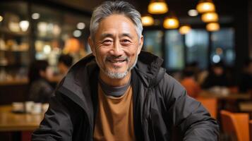 Man Sitting at Table in Restaurant photo