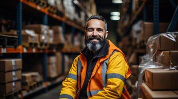 Man Sitting on Forklift in Warehouse photo