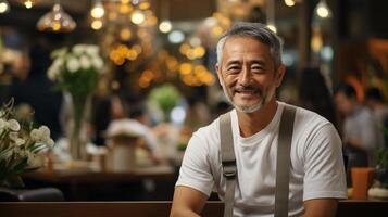 Man Sitting at Table in Restaurant photo