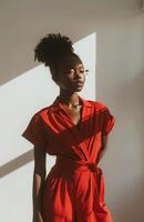 Woman in a Red Dress Standing in a Room photo