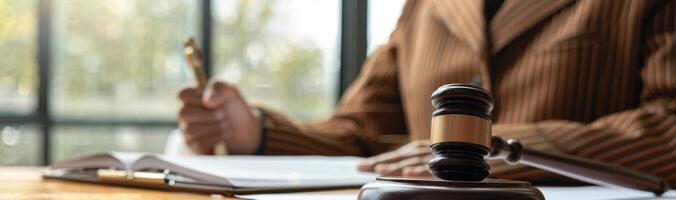 Judges Gavel on Wooden Table photo