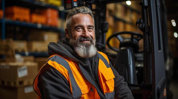 Man Sitting on Forklift in Warehouse photo