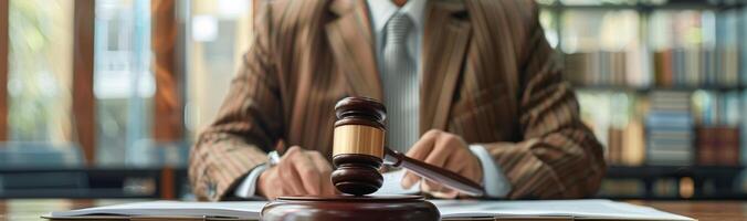 Judges Gavel on Wooden Table photo