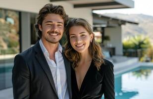 Man and Woman Standing by Pool photo