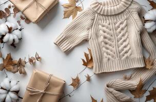 Wrapped Present on Table Next to Cotton photo