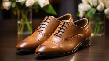 Brown Shoes on Wooden Table photo
