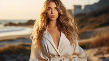 Woman in White Dress Standing on Beach photo